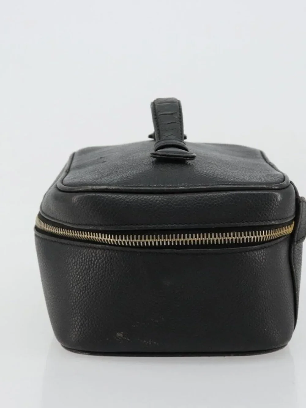 CHANEL Vanity Hand Bag Grained Calf Skin Black Gold CC Auth 176421